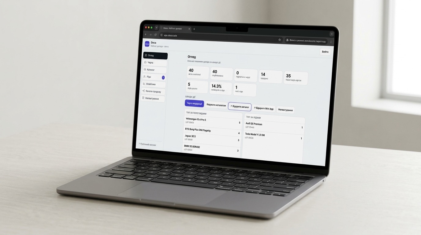 Адмінка та CRM Deca — модерація чернеток, ліди, статуси авто