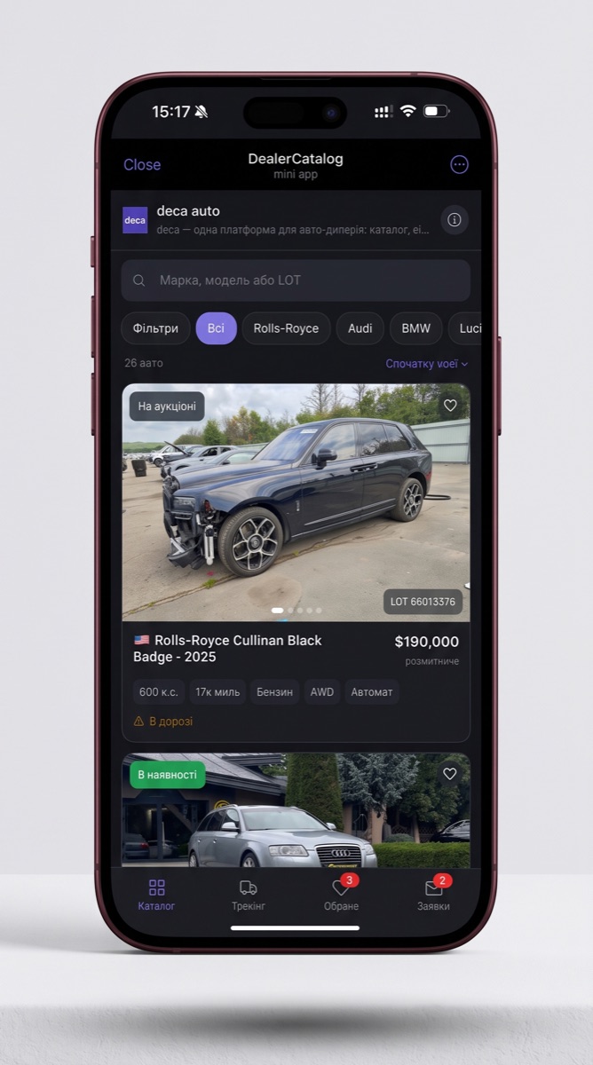 Telegram Mini App каталог авто Deca з фільтрами й картками